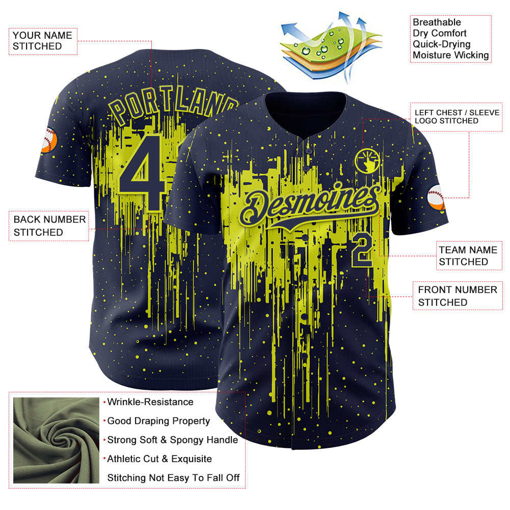 Custom Navy Neon Yellow Dripping Splatter Paint Authentic Baseball Jersey