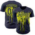 Custom Navy Neon Yellow Dripping Splatter Paint Authentic Baseball Jersey