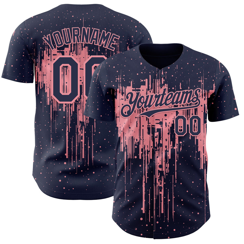 Custom Navy Medium Pink Dripping Splatter Paint Authentic Baseball Jersey