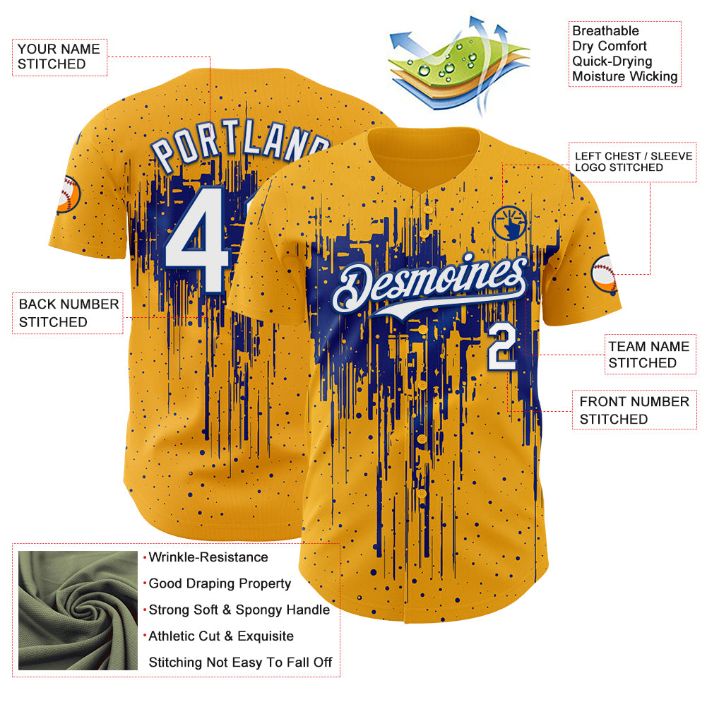 Custom Gold White-Royal Dripping Splatter Paint Authentic Baseball Jersey