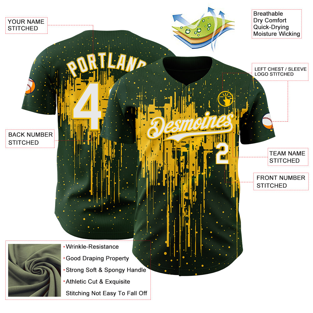 Custom Green White-Yellow Dripping Splatter Paint Authentic Baseball Jersey