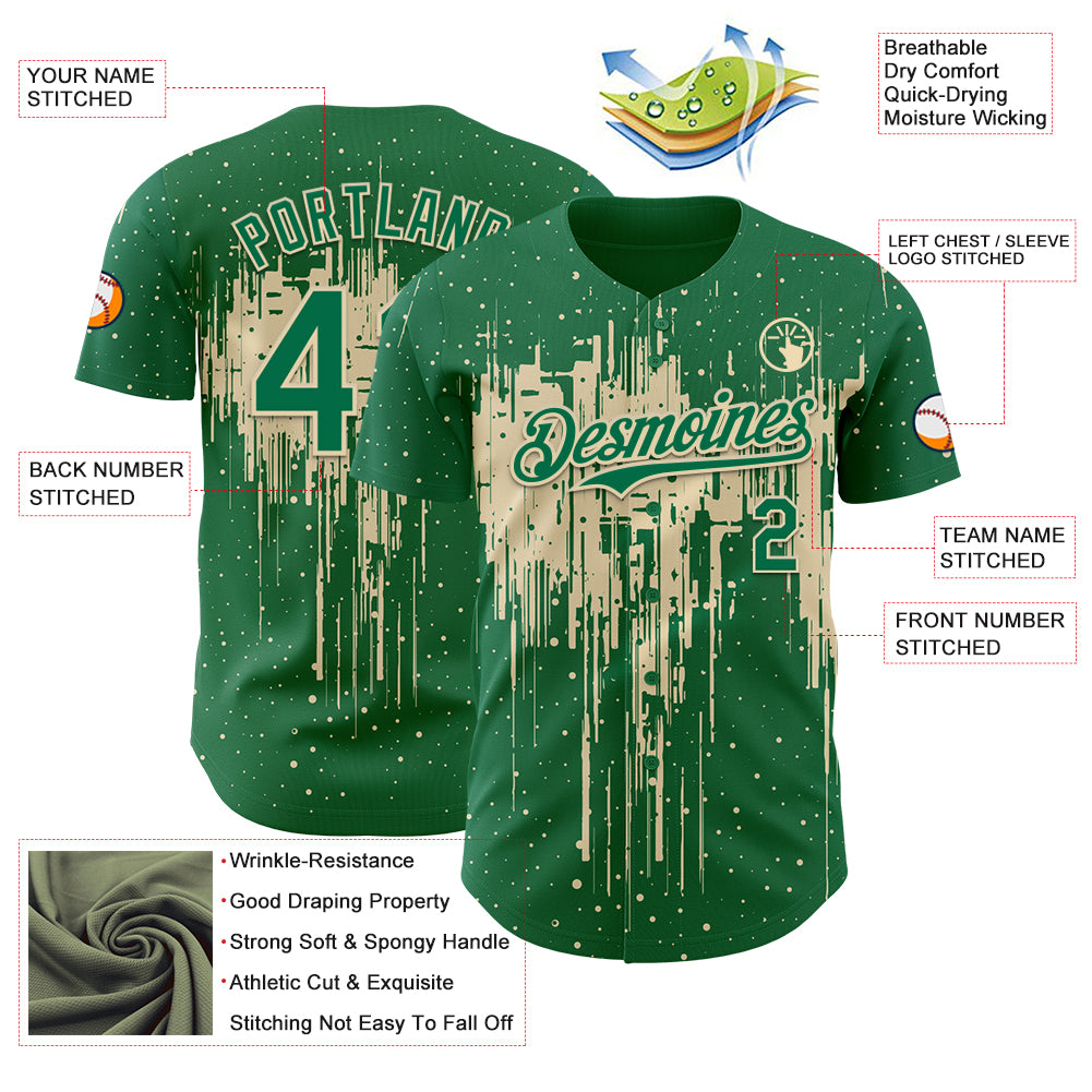 Custom Kelly Green Cream Dripping Splatter Paint Authentic Baseball Jersey