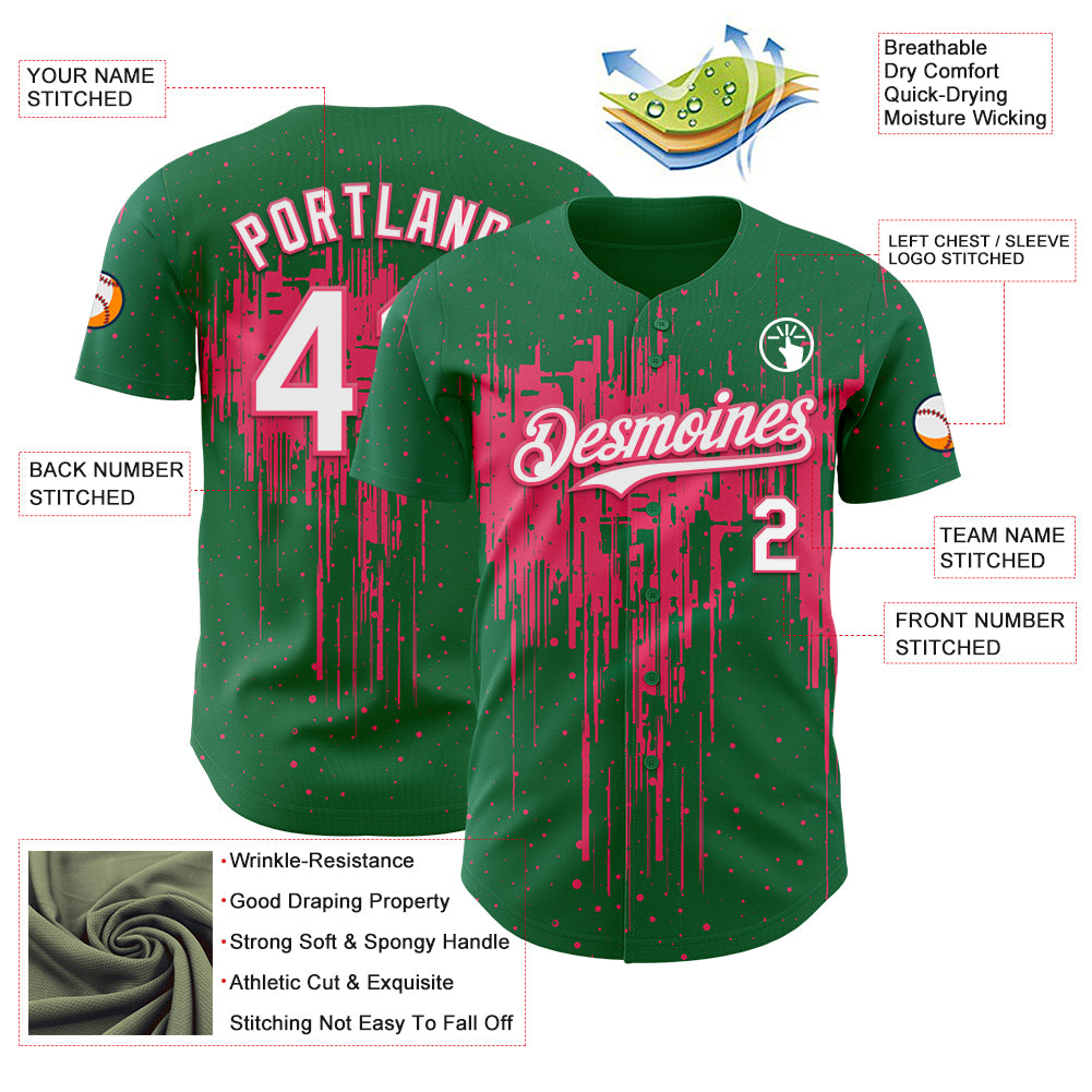 Custom Kelly Green White-Neon Pink Dripping Splatter Paint Authentic Baseball Jersey