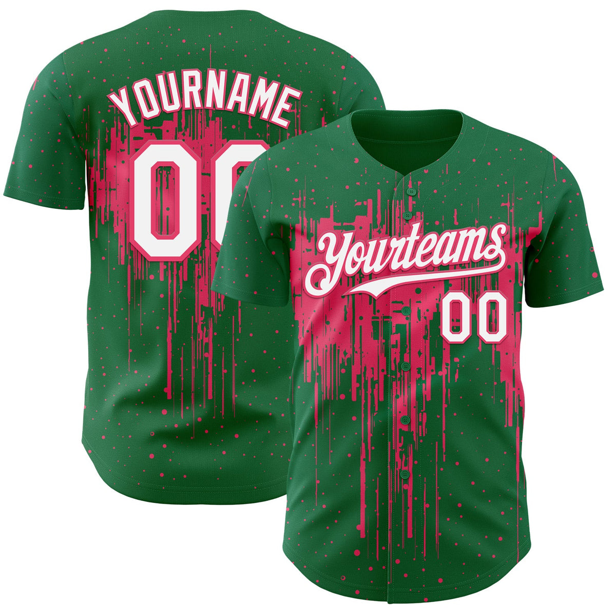 Custom Kelly Green White-Neon Pink Dripping Splatter Paint Authentic Baseball Jersey
