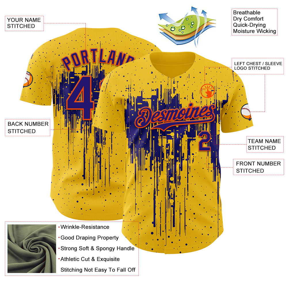 Custom Yellow Dark Purple-Orange Dripping Splatter Paint Authentic Baseball Jersey