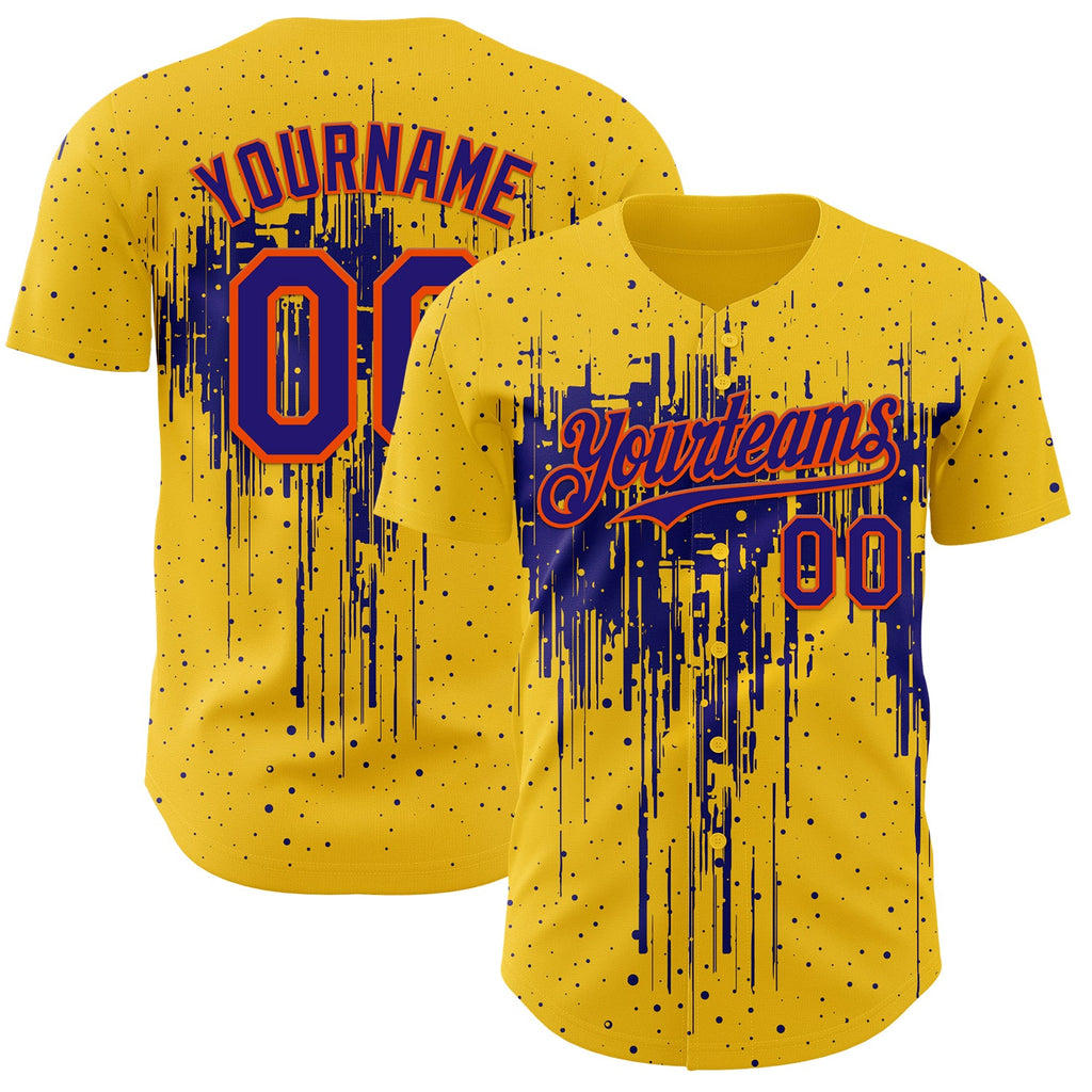 Custom Yellow Dark Purple-Orange Dripping Splatter Paint Authentic Baseball Jersey