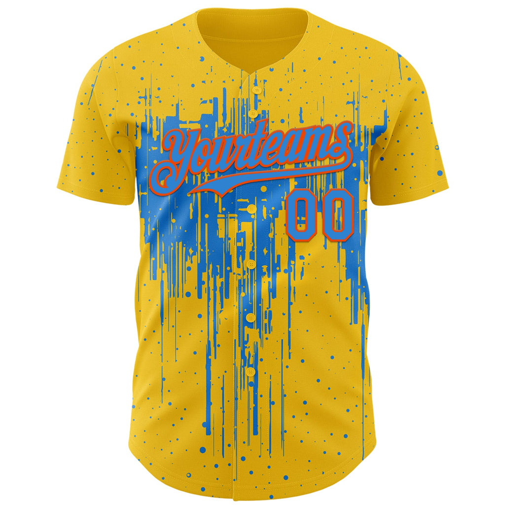 Custom Yellow Powder Blue-Orange Dripping Splatter Paint Authentic Baseball Jersey
