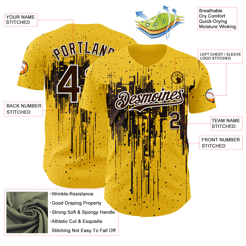 Custom Yellow Brown-White Dripping Splatter Paint Authentic Baseball Jersey