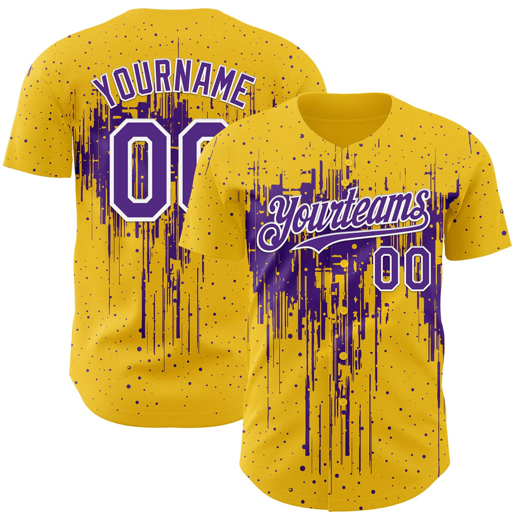 Custom Yellow Purple-White Dripping Splatter Paint Authentic Baseball Jersey