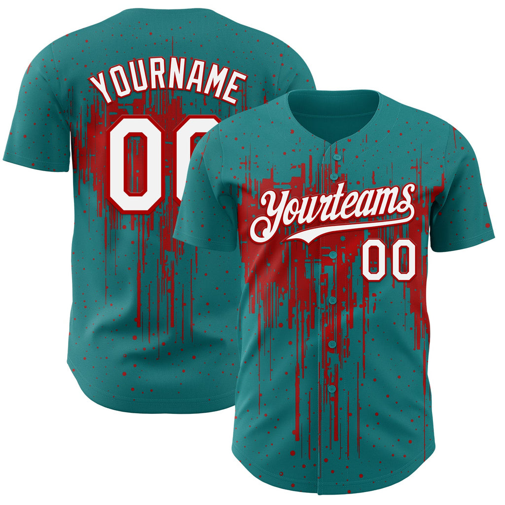 Custom Teal White-Red Dripping Splatter Paint Authentic Baseball Jersey