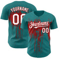 Custom Teal White-Red Dripping Splatter Paint Authentic Baseball Jersey