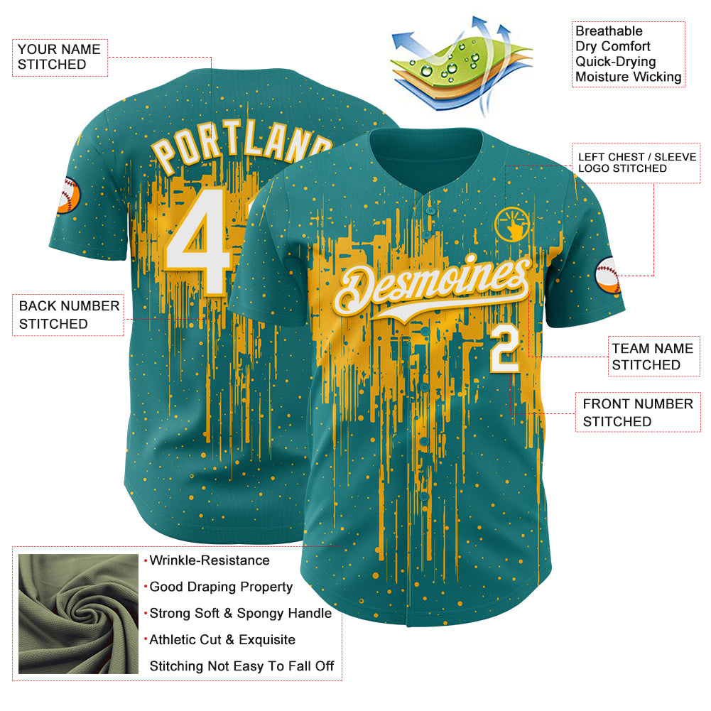 Custom Teal White-Gold Dripping Splatter Paint Authentic Baseball Jersey