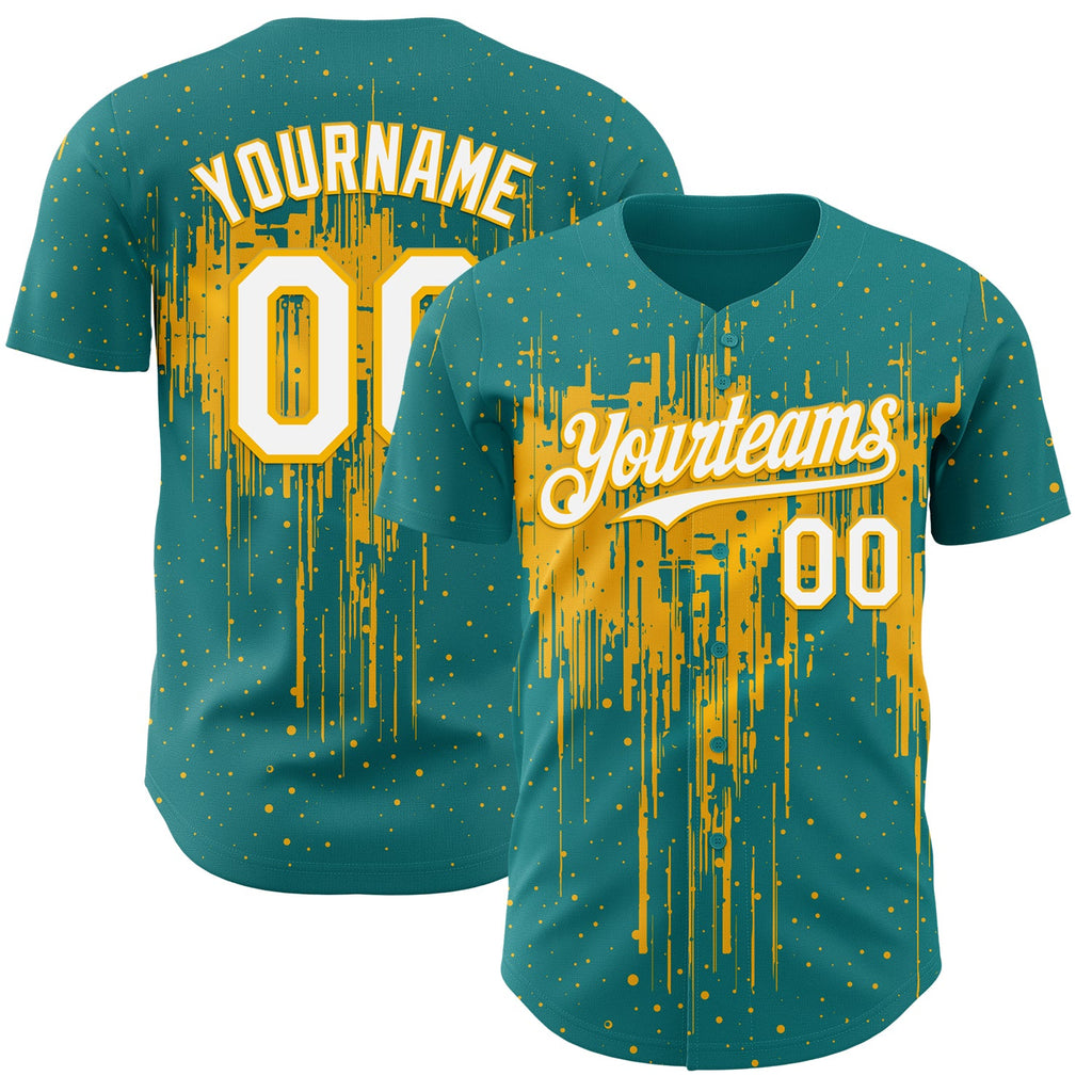 Custom Teal White-Gold Dripping Splatter Paint Authentic Baseball Jersey