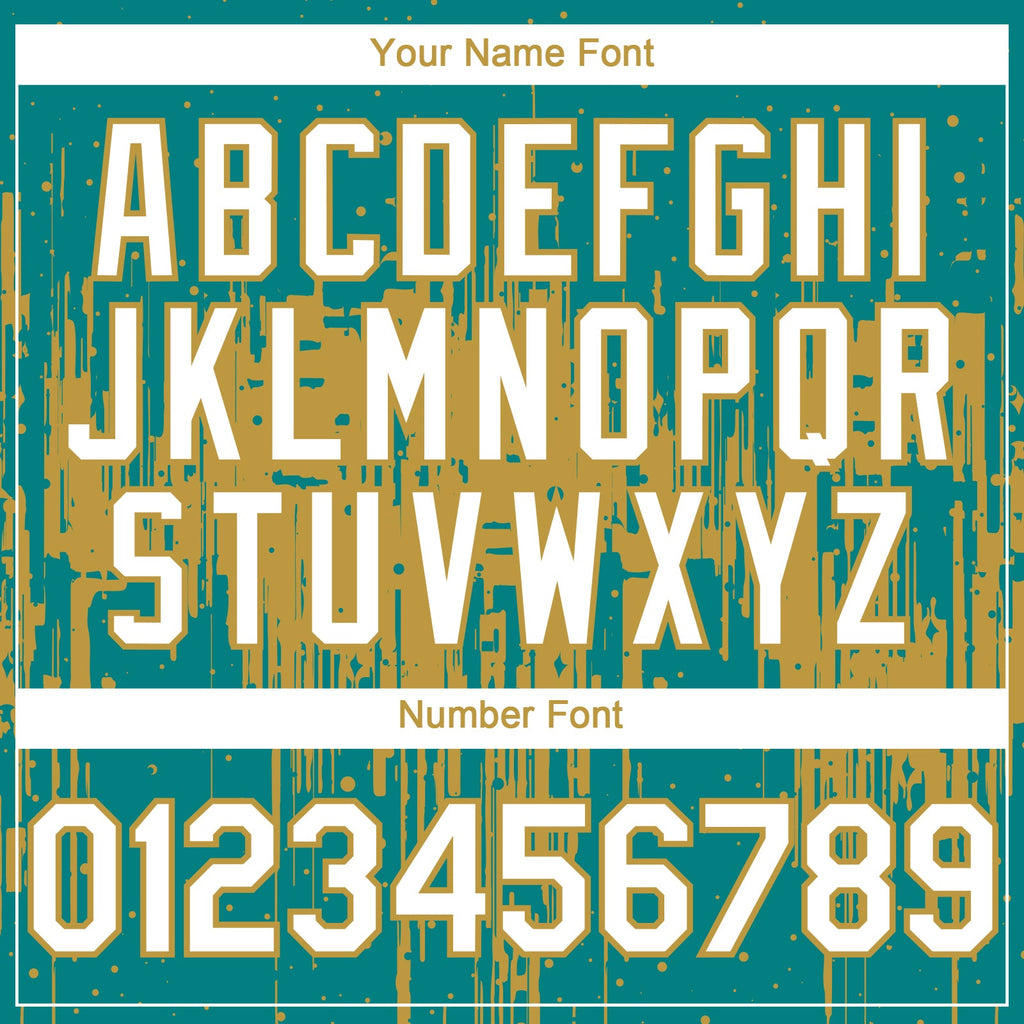 Custom Teal White-Old Gold Dripping Splatter Paint Authentic Baseball Jersey