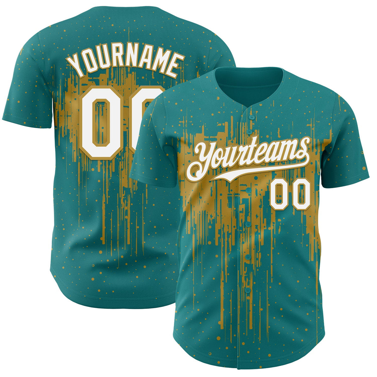 Custom Teal White-Old Gold Dripping Splatter Paint Authentic Baseball Jersey