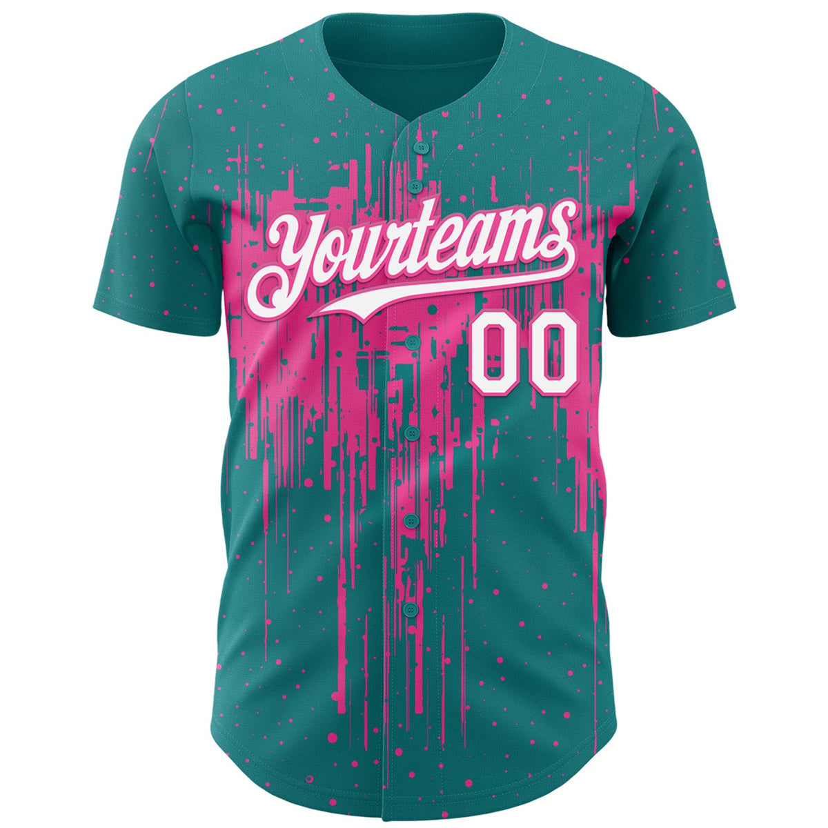 Custom Teal White-Pink Dripping Splatter Paint Authentic Baseball Jersey
