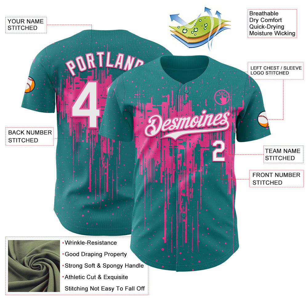 Custom Teal White-Pink Dripping Splatter Paint Authentic Baseball Jersey