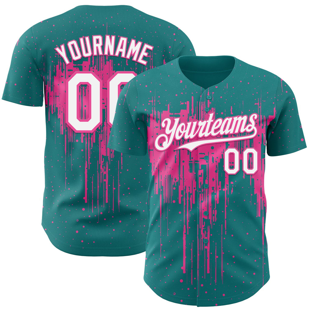 Custom Teal White-Pink Dripping Splatter Paint Authentic Baseball Jersey