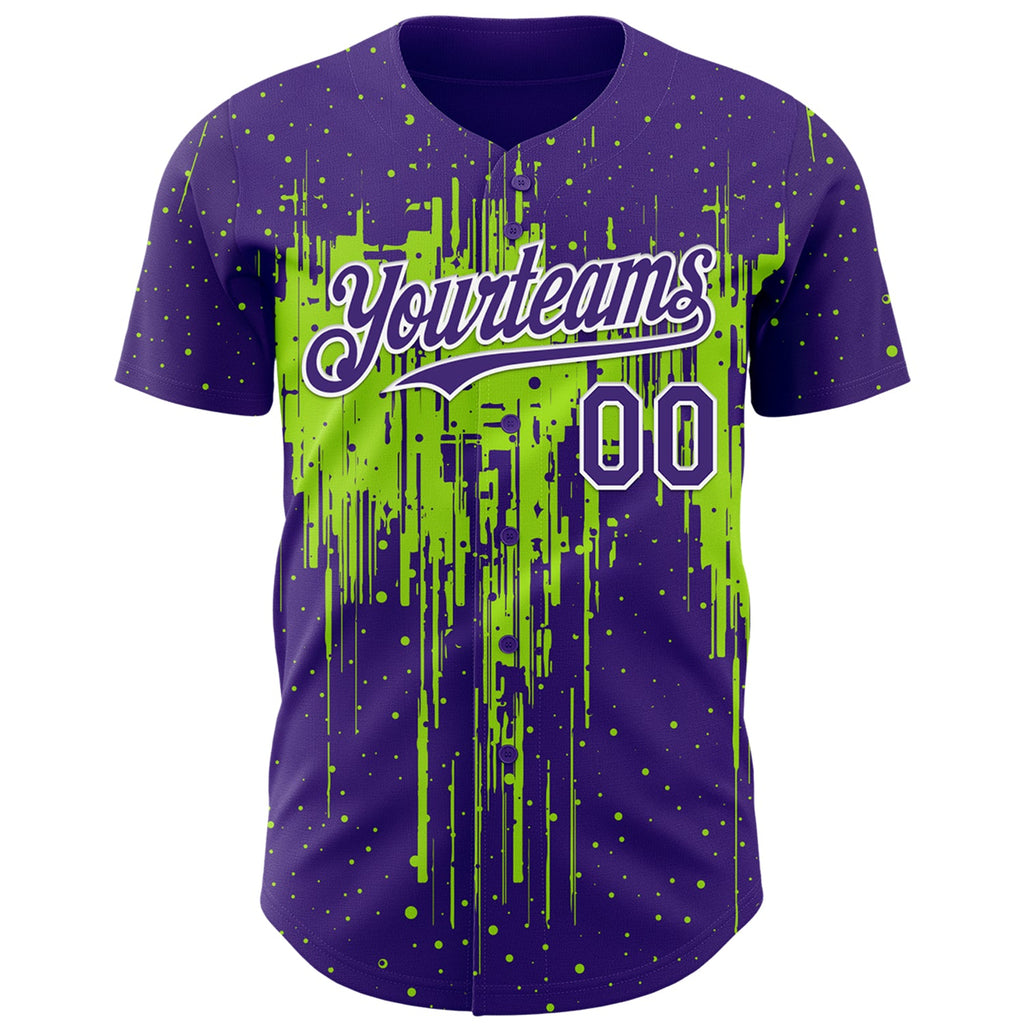 Custom Purple White-Neon Green Dripping Splatter Paint Authentic Baseball Jersey