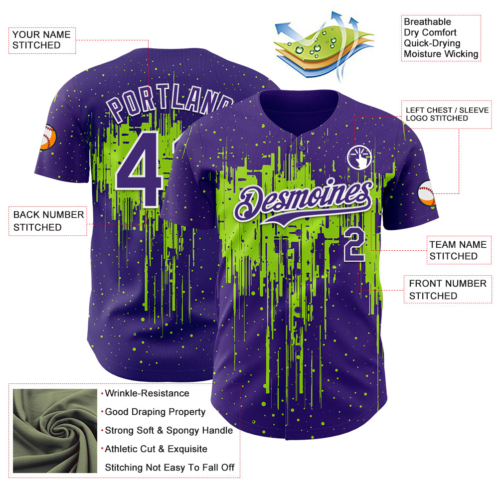 Custom Purple White-Neon Green Dripping Splatter Paint Authentic Baseball Jersey