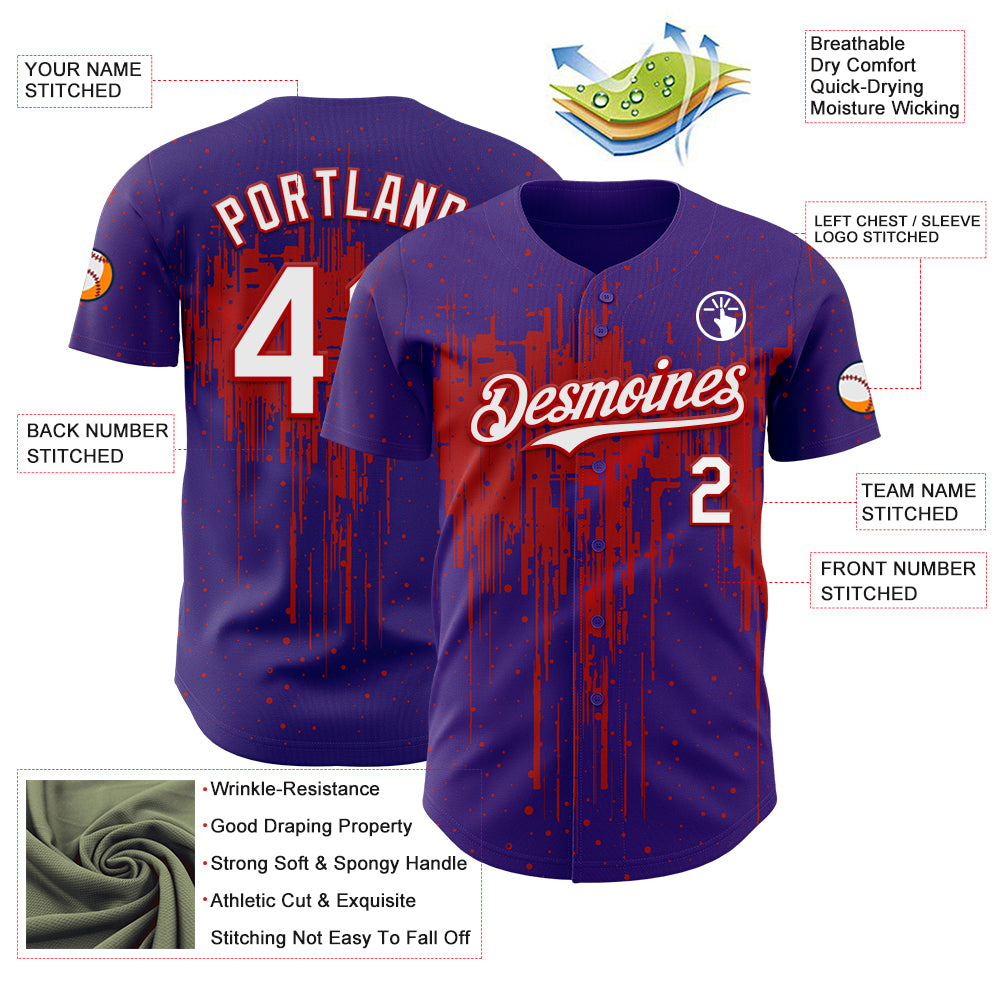 Custom Purple White-Red Dripping Splatter Paint Authentic Baseball Jersey
