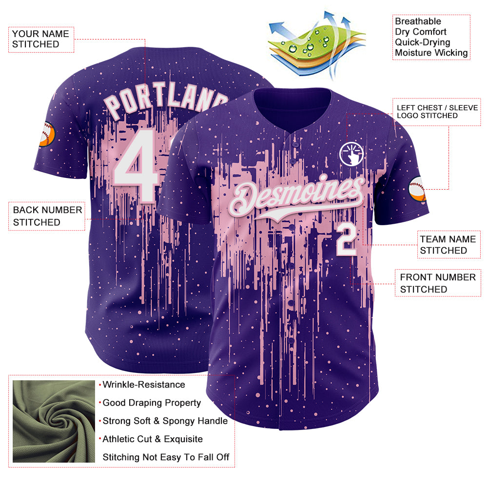 Custom Purple White-Light Pink Dripping Splatter Paint Authentic Baseball Jersey