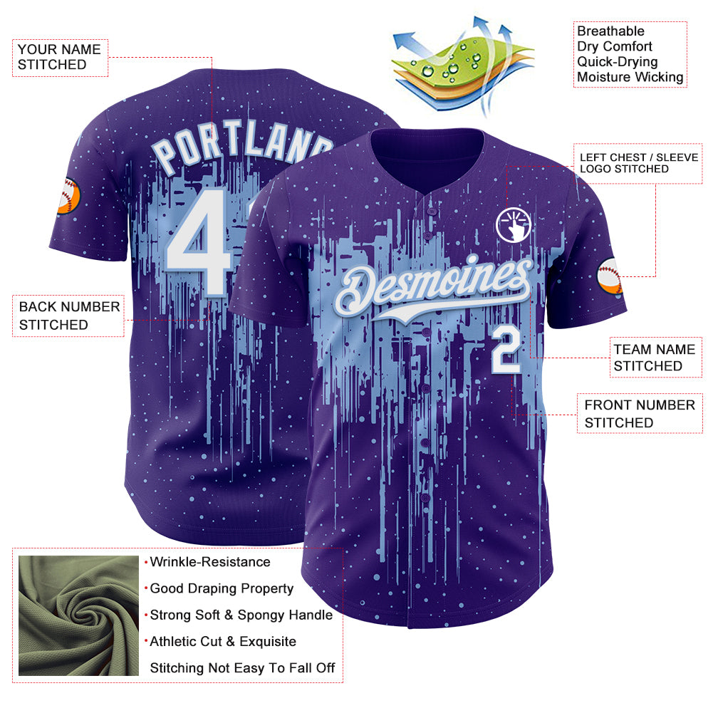 Custom Purple White-Light Blue Dripping Splatter Paint Authentic Baseball Jersey