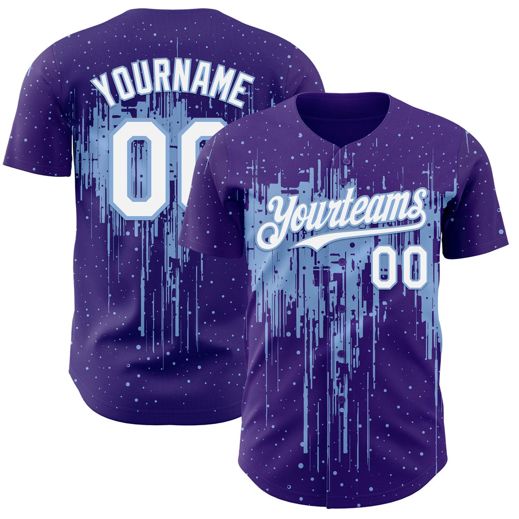 Custom Purple White-Light Blue Dripping Splatter Paint Authentic Baseball Jersey