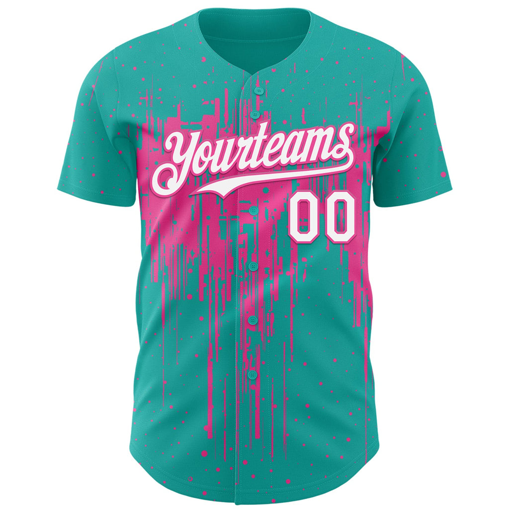 Custom Aqua White-Pink Dripping Splatter Paint Authentic Baseball Jersey