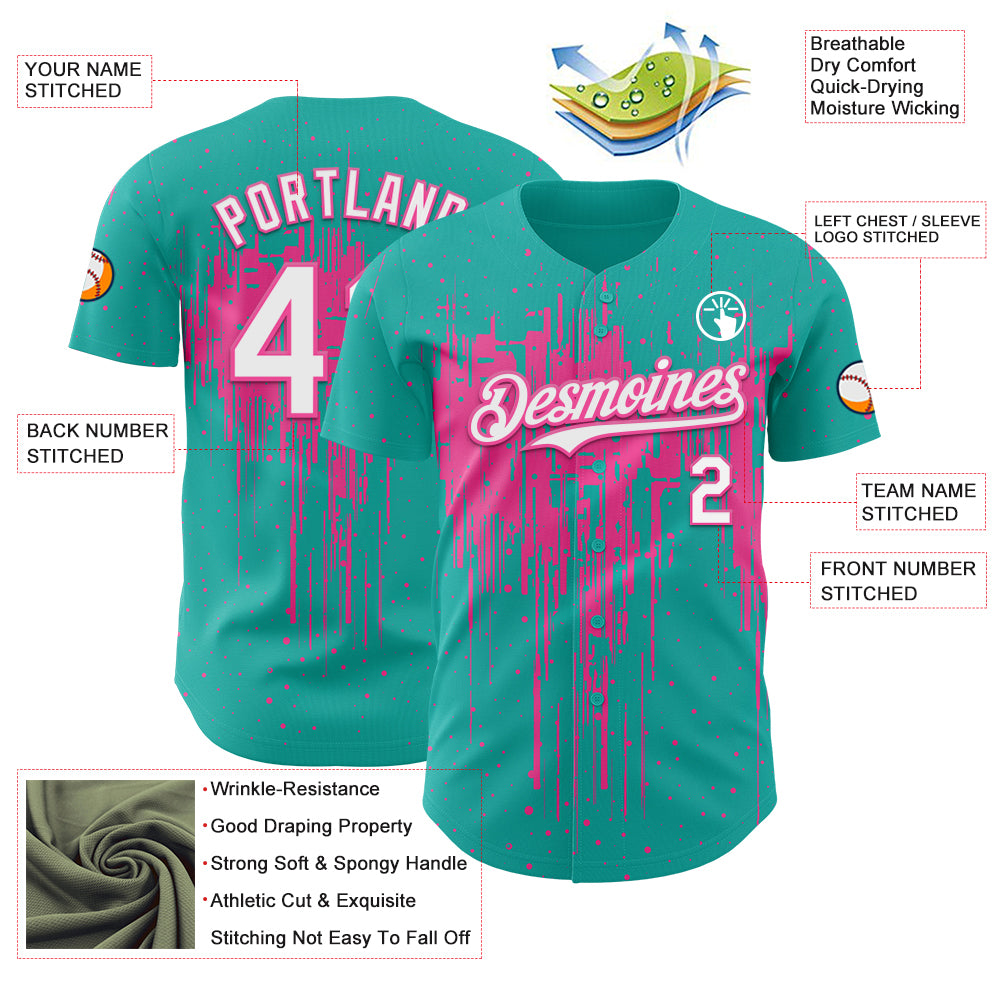Custom Aqua White-Pink Dripping Splatter Paint Authentic Baseball Jersey