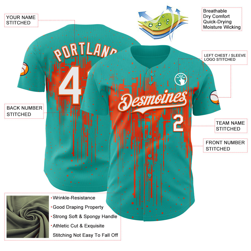 Custom Aqua White-Orange Dripping Splatter Paint Authentic Baseball Jersey