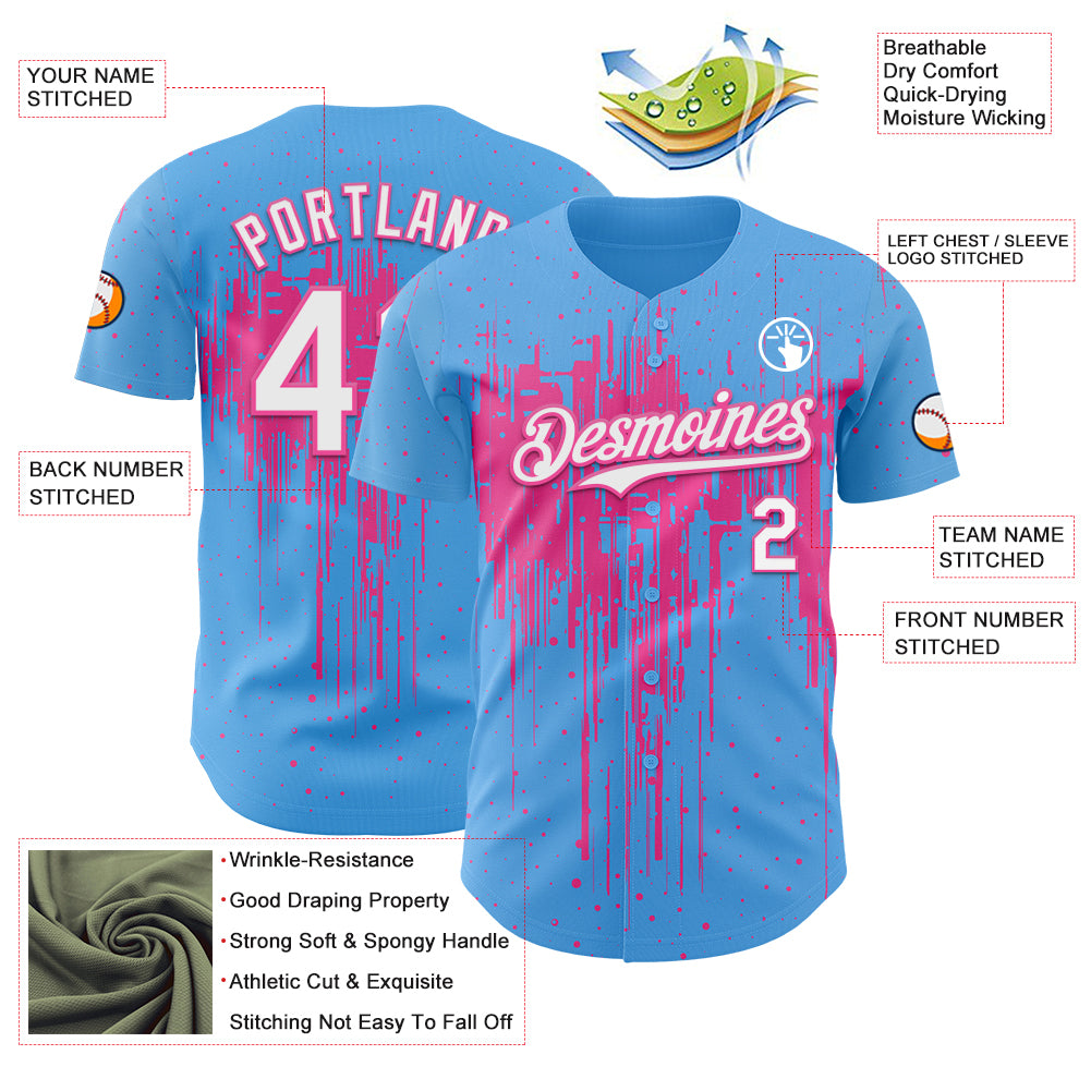 Custom Sky Blue White-Pink Dripping Splatter Paint Authentic Baseball Jersey