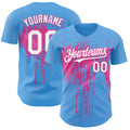 Custom Sky Blue White-Pink Dripping Splatter Paint Authentic Baseball Jersey