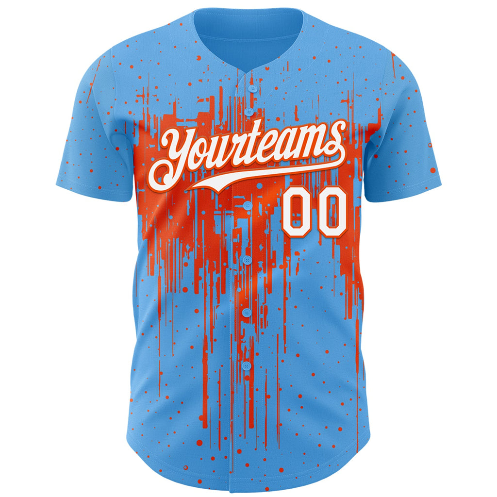 Custom Sky Blue White-Orange Dripping Splatter Paint Authentic Baseball Jersey
