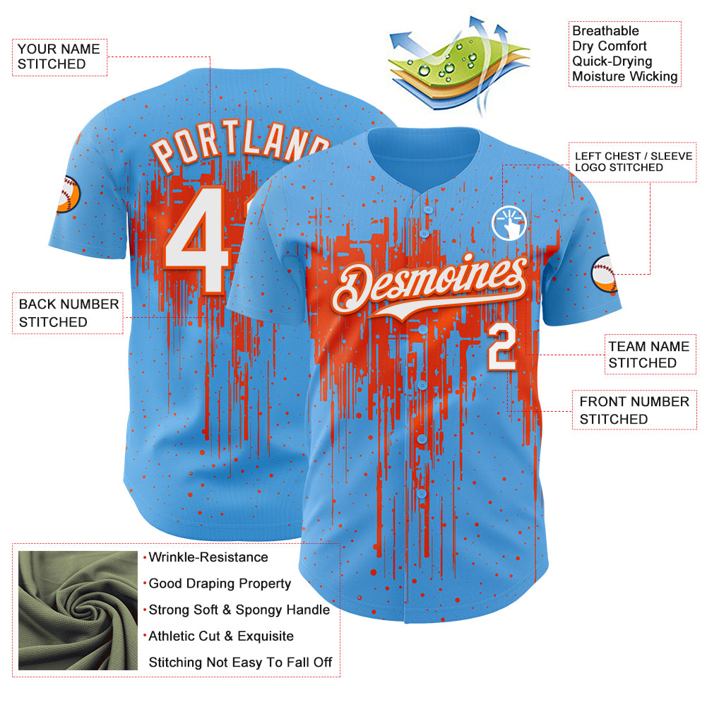Custom Sky Blue White-Orange Dripping Splatter Paint Authentic Baseball Jersey