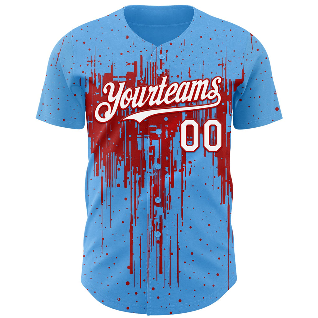 Custom Sky Blue White-Red Dripping Splatter Paint Authentic Baseball Jersey