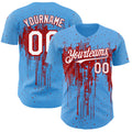 Custom Sky Blue White-Red Dripping Splatter Paint Authentic Baseball Jersey