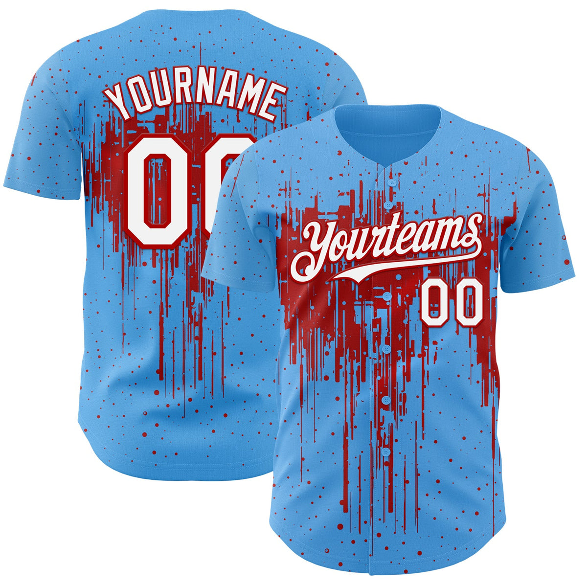 Custom Sky Blue White-Red Dripping Splatter Paint Authentic Baseball Jersey