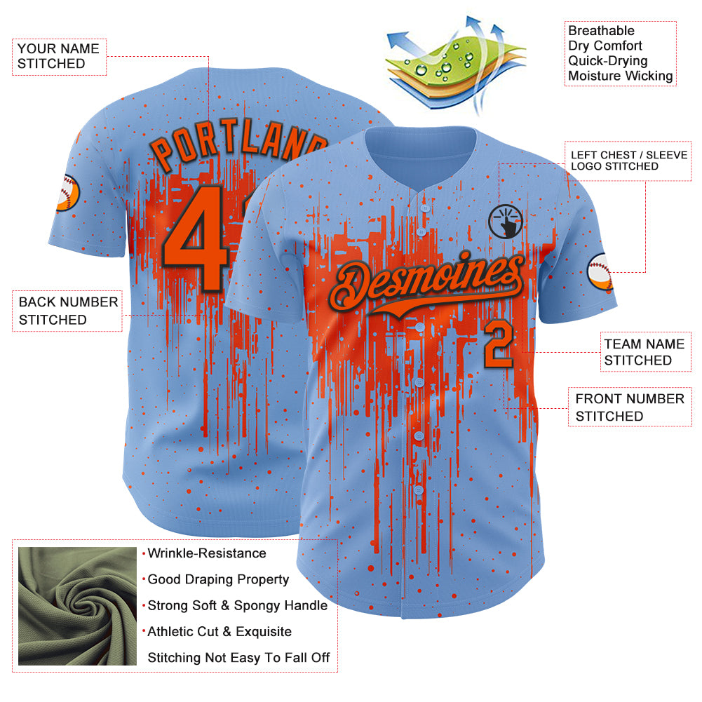 Custom Light Blue Orange-Black Dripping Splatter Paint Authentic Baseball Jersey