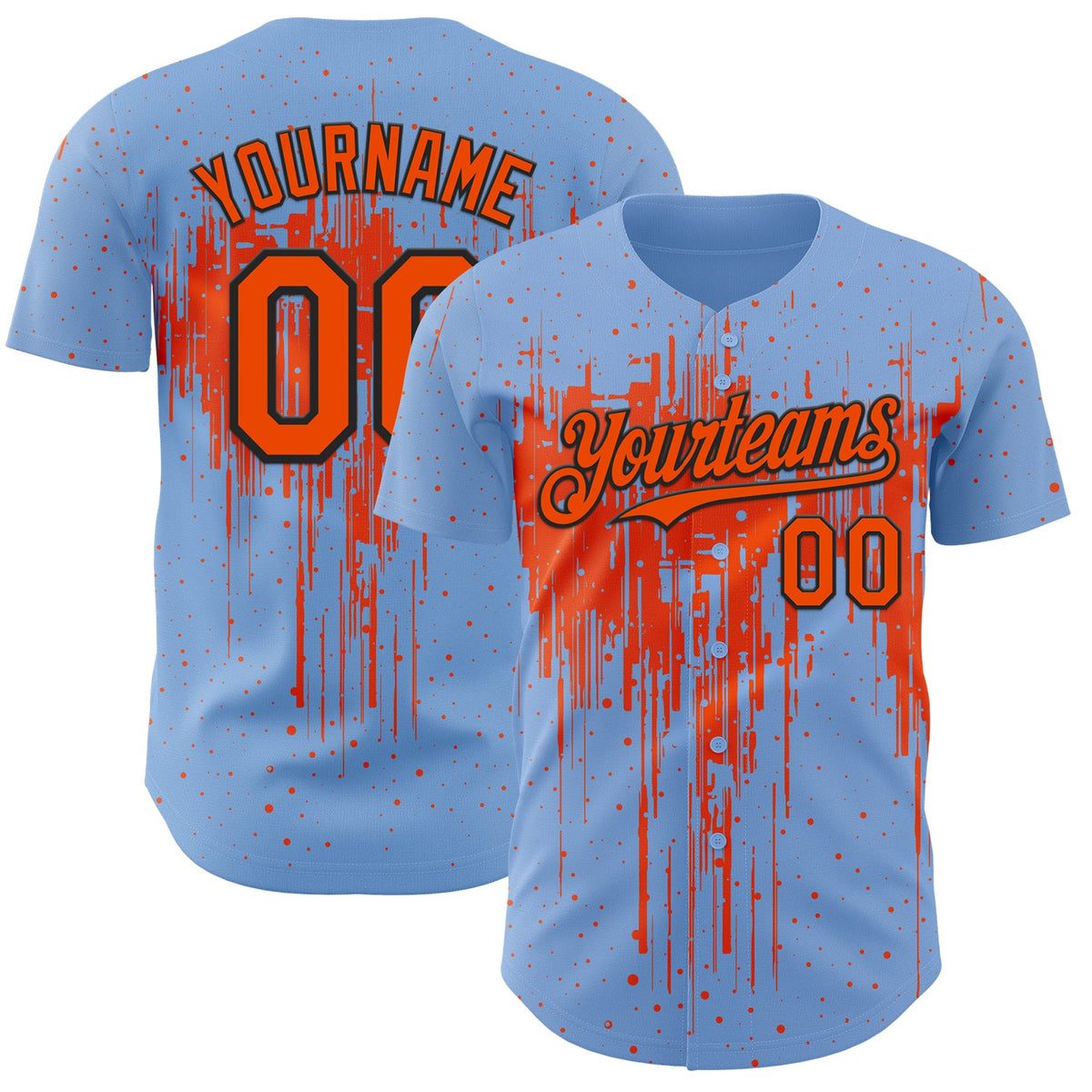 Custom Light Blue Orange-Black Dripping Splatter Paint Authentic Baseball Jersey