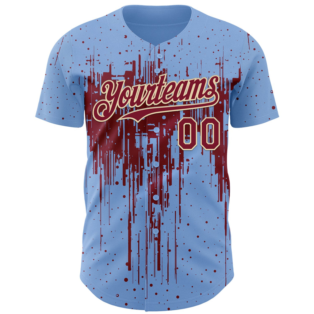 Custom Light Blue Crimson-Cream Dripping Splatter Paint Authentic Baseball Jersey