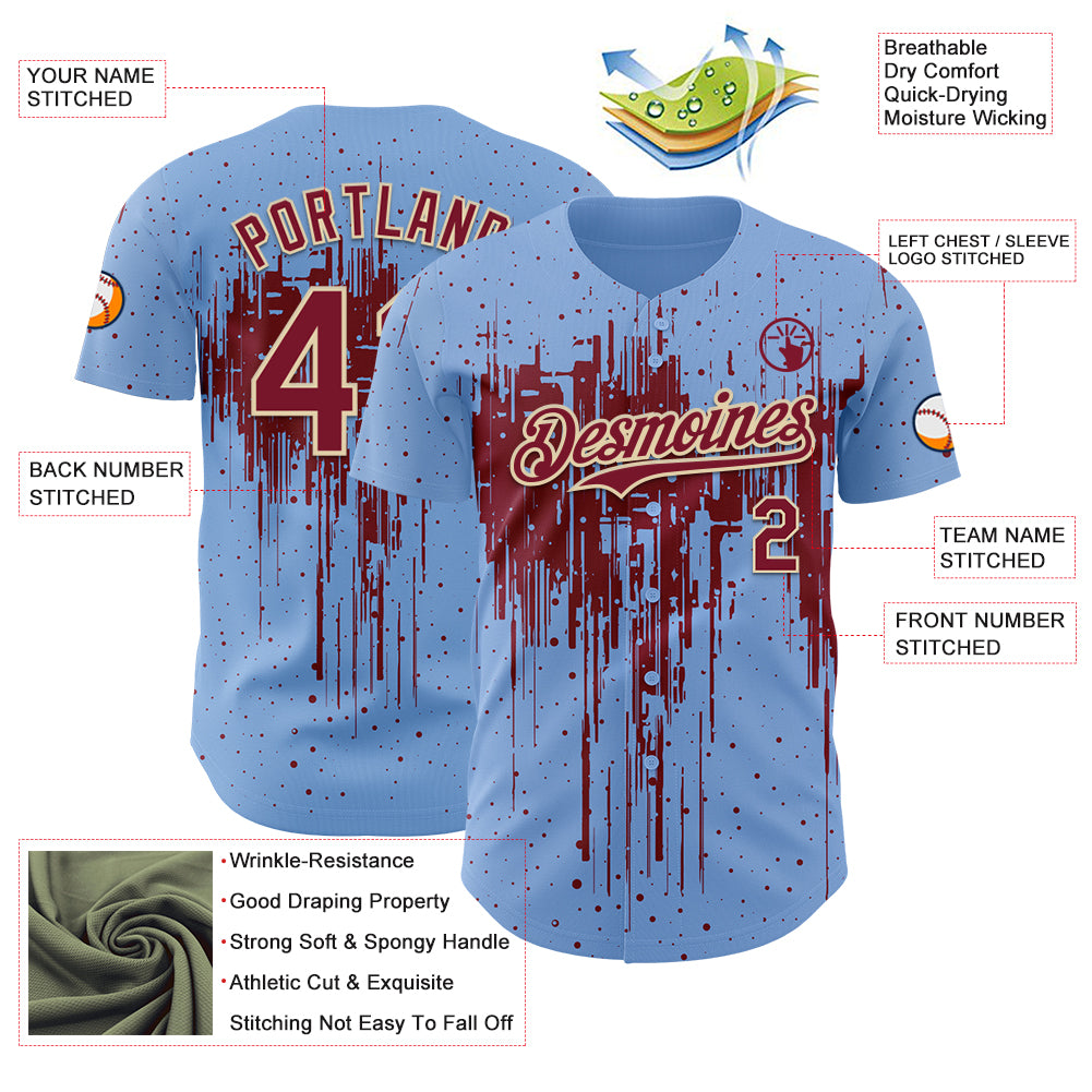 Custom Light Blue Crimson-Cream Dripping Splatter Paint Authentic Baseball Jersey