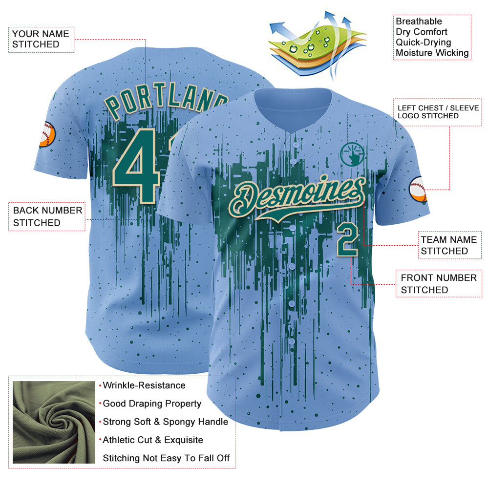 Custom Light Blue Teal-Cream Dripping Splatter Paint Authentic Baseball Jersey