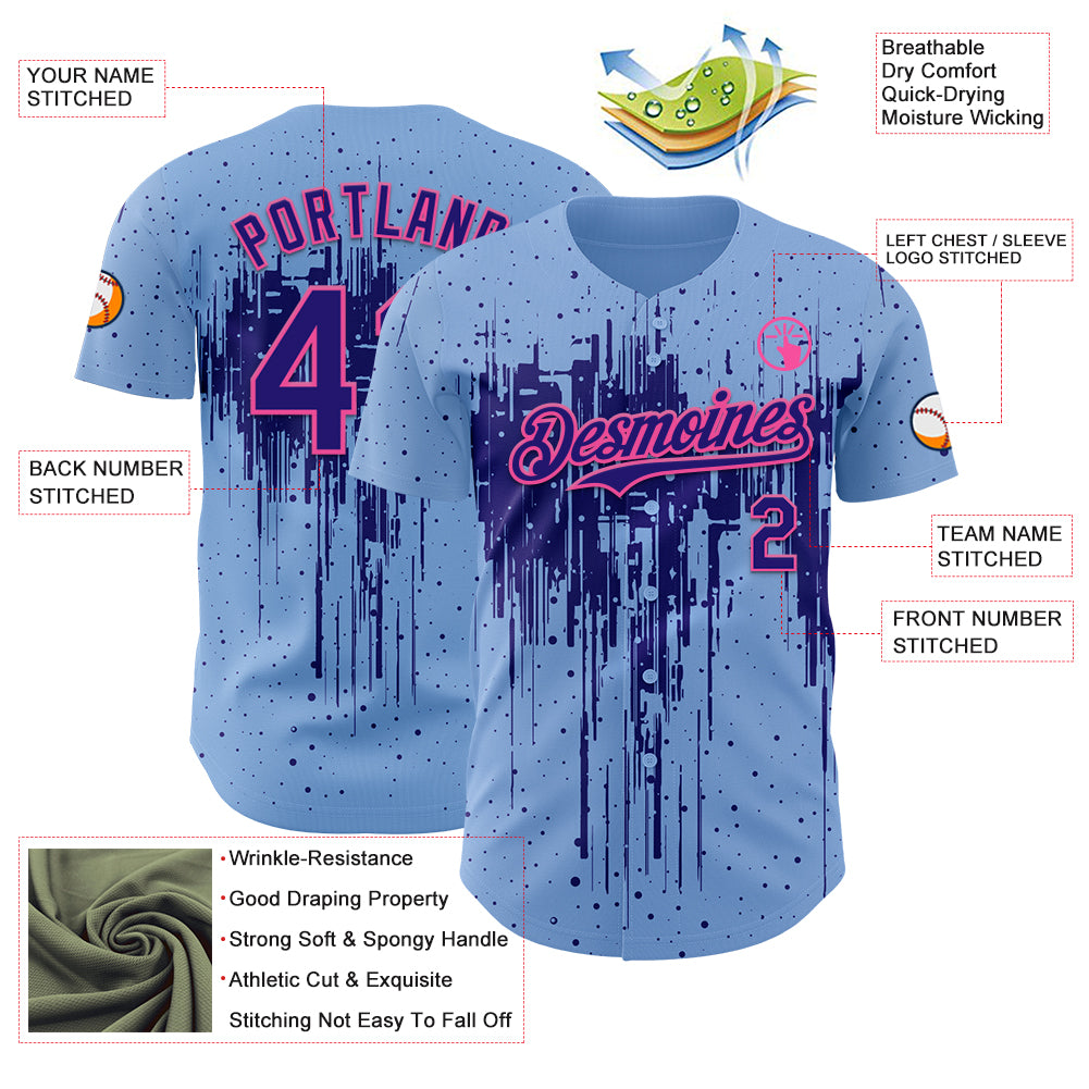 Custom Light Blue Dark Purple-Pink Dripping Splatter Paint Authentic Baseball Jersey