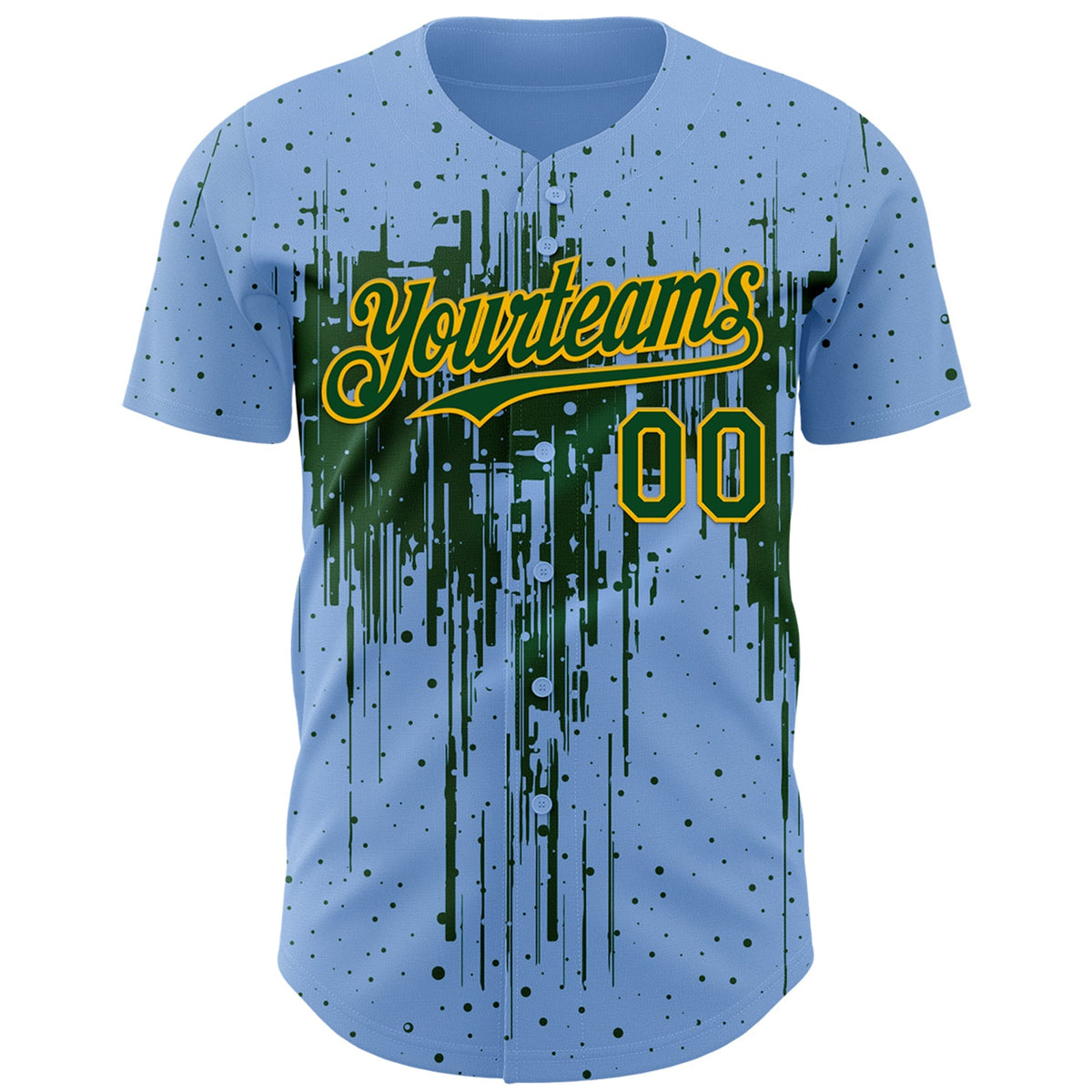 Custom Light Blue Green-Gold Dripping Splatter Paint Authentic Baseball Jersey