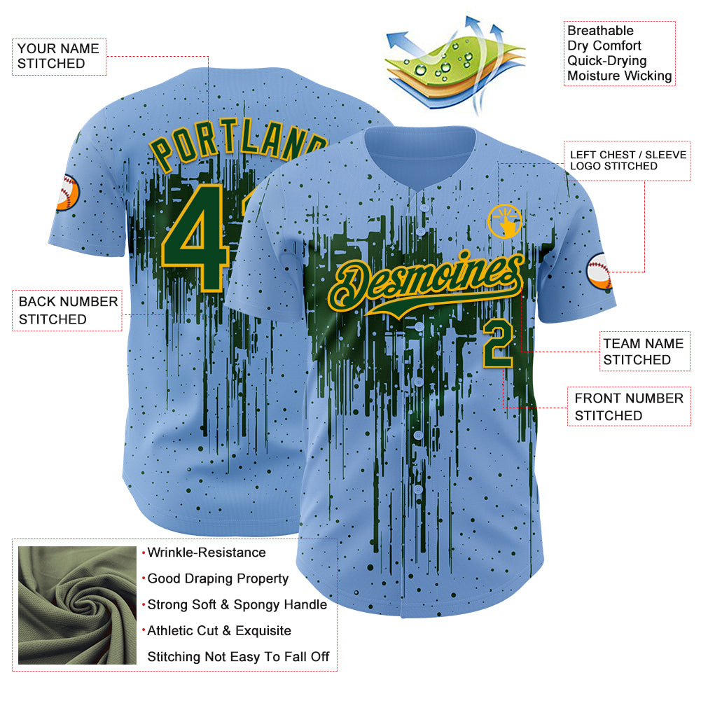 Custom Light Blue Green-Gold Dripping Splatter Paint Authentic Baseball Jersey