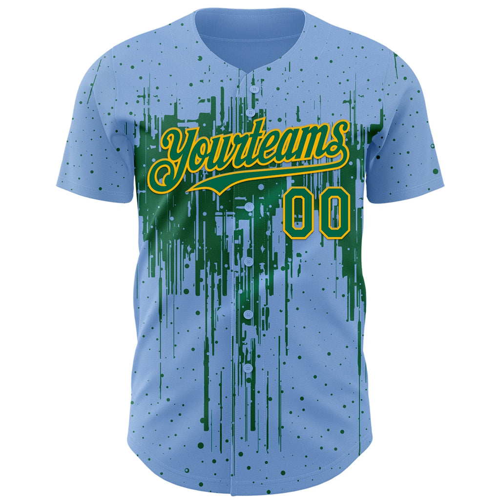 Custom Light Blue Kelly Green-Gold Dripping Splatter Paint Authentic Baseball Jersey