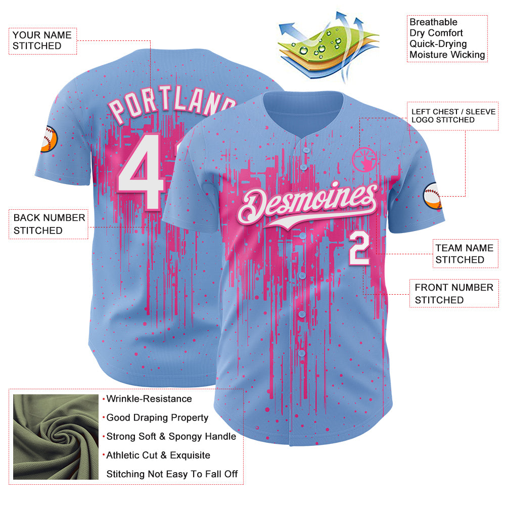 Custom Light Blue White-Pink Dripping Splatter Paint Authentic Baseball Jersey