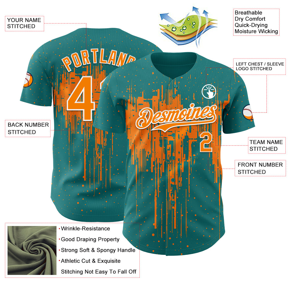 Custom Teal Bay Orange-White Dripping Splatter Paint Authentic Baseball Jersey