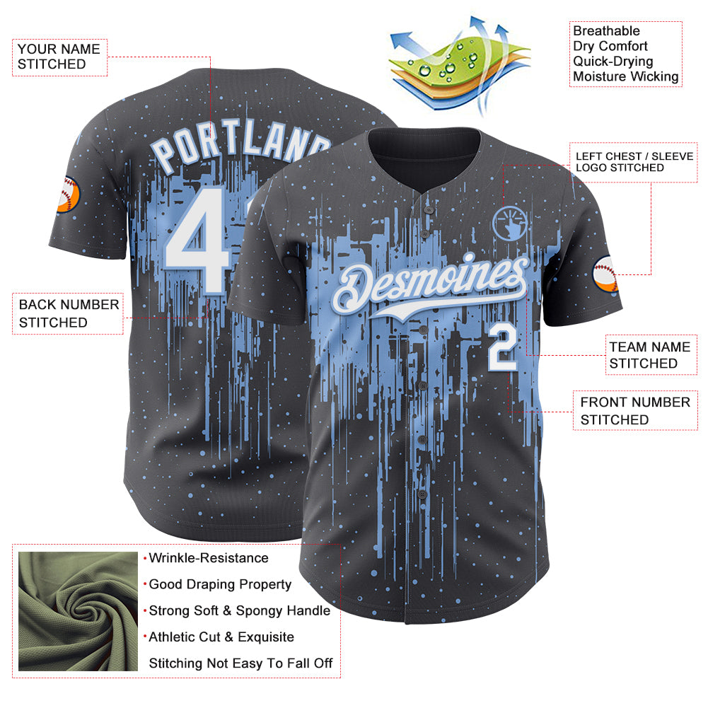 Custom Steel Gray White-Light Blue Dripping Splatter Paint Authentic Baseball Jersey